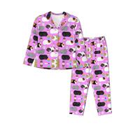 ASFgda Set pigiama da donna con stampa di porcellini d'India e cupcakes, set pigiama a maniche lunghe con bottoni, set da salotto con tasche, Nero , S
