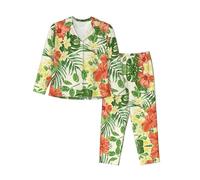 ASFgda Set pigiama da donna Hojas Tropicales Y Flores con stampa, set pigiama a maniche lunghe con bottoni, set da salotto con tasche, Nero , M
