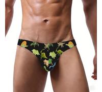 ASFgda Slip bikini da uomo con stampa di dinosauri in stile cartone animato, intimo da uomo elasticizzato a vita bassa con sacchetto contorno, morbido e traspirante da indossare tutti i giorni, Nero