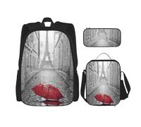 ASFgda Torre Eiffel Parigi Street Red Umbrella Print School Backpack Set con borsa pranzo portamatite, durevole, leggero, grande capacità, per la scuola uso quotidiano