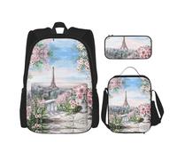 ASFgda Zaino per la scuola con stampa di Torre Eiffel di Parigi con astuccio portapranzo, durevole, leggero, grande capacità, per la scuola uso quotidiano
