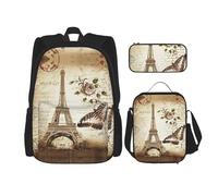ASFgda Zaino per la scuola con stampa Torre Eiffel di Parigi, con borsa per il pranzo e astuccio, durevole, leggero, grande capacità, per la scuola l'uso quotidiano