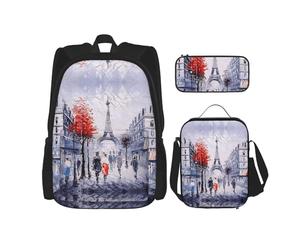 ASFgda Zaino scolastico con stampa artistica con albero della città di Parigi, Torre Eiffel, con borsa per il pranzo, astuccio per matite, resistente, leggero, grande capacità, per la scuola l'uso