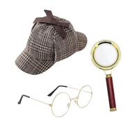ASFWAGQ 3 pezzi costume da detective anni '20 costume da detective accessorio con cappello detective occhiali lente di ingrandimento detective cosplay puntelli di scena taglia unica per carnevale