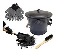 Ash Bucket with Lid - 4-Piece Cleaning Set, Metal Ash Bucket Set with Shovel, Gloves & Brush | Charcoal Bin for Fire Pit, Wood Stove, Grill, Backyard, Indoor, Outdoor, Farmhouse Cleaning