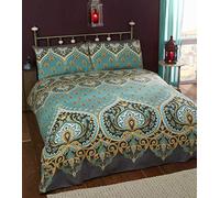 Asha Smeraldo Indiano Design Set Copripiumino e 1 federe, Letto Singolo, Colore: Verde/Azzurro