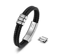 Ashleymade Bracciale Uomo in Pelle Personalizzato con Nome Bracciale Inciso in PU e Acciaio Inossidabile per Papà Marito Regalo Festa del Papà Compleanno Natale (Argento-3 nome)