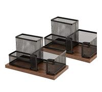 ASIFMTHOT Portapenne in legno anticato e rete, per accessori da scrivania, con porta foglietti adesivi, 3 scomparti (2 pezzi, nero)