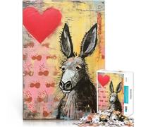 Asino triste con cuore San Valentino Tecnica mista Puzzle da 1000 pezzi per adolescenti Assemblaggio del modello con pezzi completamente interconnessi di forma casuale 38x26cm