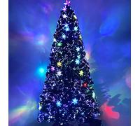 Asinse Albero di Natale artificiale in fibra ottica, con fiocchi di neve trasparenti, albero di Natale verde pre-illuminato con effetti floreali, stella superiore e supporto in metallo (180 cm, tipo