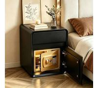 Asiwnshw Comodino moderno, in legno e pelle con cassetto, scomparto segreto con cassaforte, apertura con password/chiave, tavolino contenitore in stile boho per camera da letto(Black,50 * 40 * 50cm)