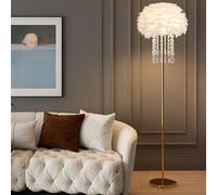 Asiwnshw Lampada da Terra in Piuma Naturale, Lampada da Terra con Pendente in Cristallo, Lampade LED a Piuma Dimmerabili in 3 Colori per Camera da Letto e Soggiorno con Interruttore a Pedale(White)