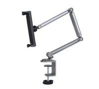 Asixxsix Supporto per tablet e telefono da scrivania e letto, supporto girevole a 360 gradi con morsetto, braccio lungo e luce regolabile, design pieghevole e portatile (GREY)