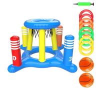 asketball Hoop, Inflatable 2-In-1 Water Game, Multifunctional Sports Toy with 8 Toss Rings and Durable Floating Design on Outdoor Swimming Fun for Kids Adults Parties