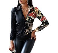 ASKSA Camicia da donna a maniche lunghe, con scollo a V, con stampa patchwork, elegante, a maniche lunghe, Catena gialla, M