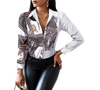 ASKSA Camicia da donna a maniche lunghe, con scollo a V, con stampa patchwork, elegante, a maniche lunghe, Tigre Bianca, L