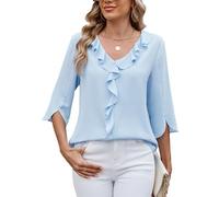 ASKSA Camicia da Donna Scollo a V Bluse Elegante di 3/4 Manica Camicetta Estiva Casual Business Volant Tinta Unita Tops (Blu,M)