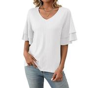 ASKSA Camicie da Donna Scollo a V Camicetta Casual Estate Solida T-Shirt con Maniche a Balze Unita Tops (Bianco,XL)