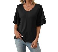 ASKSA Camicie da Donna Scollo a V Camicetta Casual Estate Solida T-Shirt con Maniche a Balze Unita Tops (Nero,M)