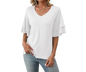ASKSA Camicie da Donna Scollo a V Camicetta Casual Estate Solida T-Shirt con Maniche a Balze Unita Tops (Bianco,XL)