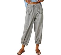 ASKSA Pantaloni Donna a 7/8 in Lino Cotone Estivi Casual Elastico Leggeri Larghi da Spiaggia Jogging Coulisse e Tasche (Grigio Chiaro,XXL)