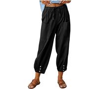 ASKSA Pantaloni Donna a 7/8 in Lino Cotone Estivi Casual Elastico Leggeri Larghi da Spiaggia Jogging Coulisse e Tasche (Nero,L)