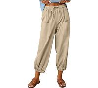 ASKSA Pantaloni Donna a 7/8 in Lino Cotone Estivi Casual Elastico Leggeri Larghi da Spiaggia Jogging Coulisse e Tasche (Kaki,M)