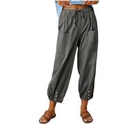 ASKSA Pantaloni Donna a 7/8 in Lino Cotone Estivi Casual Elastico Leggeri Larghi da Spiaggia Jogging Coulisse e Tasche (Grigio Scuro,XL)