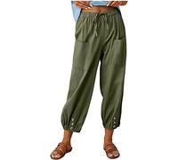 ASKSA Pantaloni Donna a 7/8 in Lino Cotone Estivi Casual Elastico Leggeri Larghi da Spiaggia Jogging Coulisse e Tasche (Verde Militare,L)