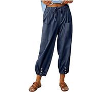 ASKSA Pantaloni Donna a 7/8 in Lino Cotone Estivi Casual Elastico Leggeri Larghi da Spiaggia Jogging Coulisse e Tasche (Blu Navy,L)