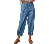 ASKSA Pantaloni Donna a 7/8 in Lino Cotone Estivi Casual Elastico Leggeri Larghi da Spiaggia Jogging Coulisse e Tasche (Blu,3XL)