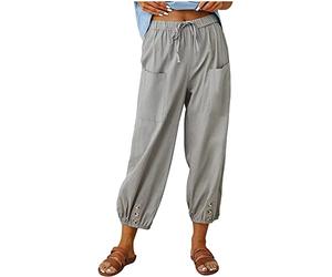 ASKSA Pantaloni Donna a 7/8 in Lino Cotone Estivi Casual Elastico Leggeri Larghi da Spiaggia Jogging Coulisse e Tasche (Grigio Chiaro,XXL)