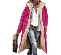 ASKSA Piumino lungo da donna, in pile, reversibile, invernale, con cappuccio, giacca in pile, A rosa rossa, L