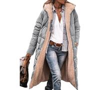 ASKSA Piumino lungo da donna, in pile, reversibile, invernale, con cappuccio, giacca in pile, argento, S