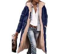ASKSA Piumino lungo da donna, in pile, reversibile, invernale, con cappuccio, giacca in pile, Blu scuro, XL