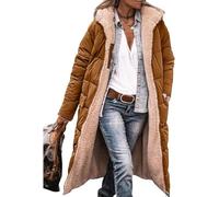 ASKSA Piumino lungo da donna, in pile, reversibile, invernale, con cappuccio, giacca in pile, marrone, S