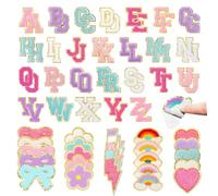 Askyorte 77 toppe ricamate in ciniglia autoadesive per abbigliamento fai da te, include 52 toppe adesive con lettere della Varsity dalla A alla Z, 25 fiocchi arcobaleno a forma di cuore con fiori per