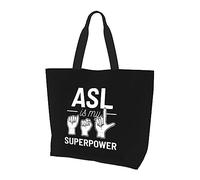 Asl Is My Superpower Borsa per la spesa riutilizzabile in tela leggera da donna in lingua dei segni americana Nera