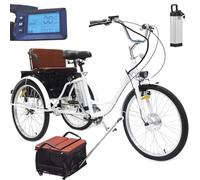 ASnwpaK Triciclo Elettrico per Adulti, Bicicletta Triciclo da 24", con Batteria da 36V E 12Ah, Autonomia 35-40 Km, capacità di Carico 150 kg, Scooter Elettrico per Anziani.,White-Seat