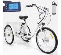 ASnwpaK Triciclo Elettrico per Adulti, Bicicletta Triciclo da 24", con Batteria da 36V E 12Ah, Autonomia 35-40 Km, capacità di Carico 150 kg, Scooter Elettrico per Anziani.,White-Basket