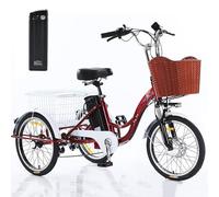 ASnwpaK Triciclo Elettrico per Adulti da 20″ (3 velocità), Bicicletta A 3 Ruote, Batteria Rimovibile da 48V/12Ah (Autonomia: 40km), Tempo Libero/Lo Shopping,Red-Basket