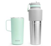 Asobu Confezione da 2 bottiglie d'acqua isolate con coperchio con cannuccia e tazza da caffè isolata, 591 ml, in acciaio inox (menta)