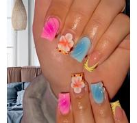 ASOMI 24 pezzi French Tip Press On unghie finte quadrate, con motivo a onde e fiori 3D, con colla per gelatina, sfumatura rosa e blu