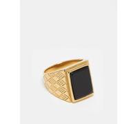 ASOS DESIGN - Anello chevalier dorato in acciaio inossidabile resistente all'acqua con agata nera-Oro L