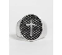 ASOS DESIGN - Anello chevalier in acciaio inossidabile resistente all'acqua color argento brunito con croce M