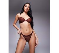 ASOS DESIGN - Bruna - Tanga in pizzo color cioccolato con profili in raso-Blu 36