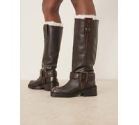 ASOS DESIGN - Calla - Stivali trucker premium in pelle martellata marroni con fibbia stile imbracatura-Marrone 41