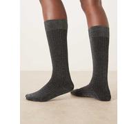 ASOS DESIGN - Calzini al ginocchio in maglina a coste neri con glitter argento-Marrone One Size