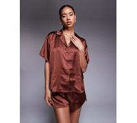 ASOS DESIGN - Camicia a maniche corte in raso marrone in coordinato 48