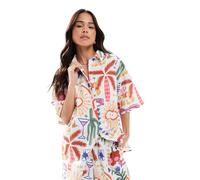 ASOS DESIGN - Camicia a maniche corte oversize in lino con stampa di cactus in coordinato-Multicolore XS
